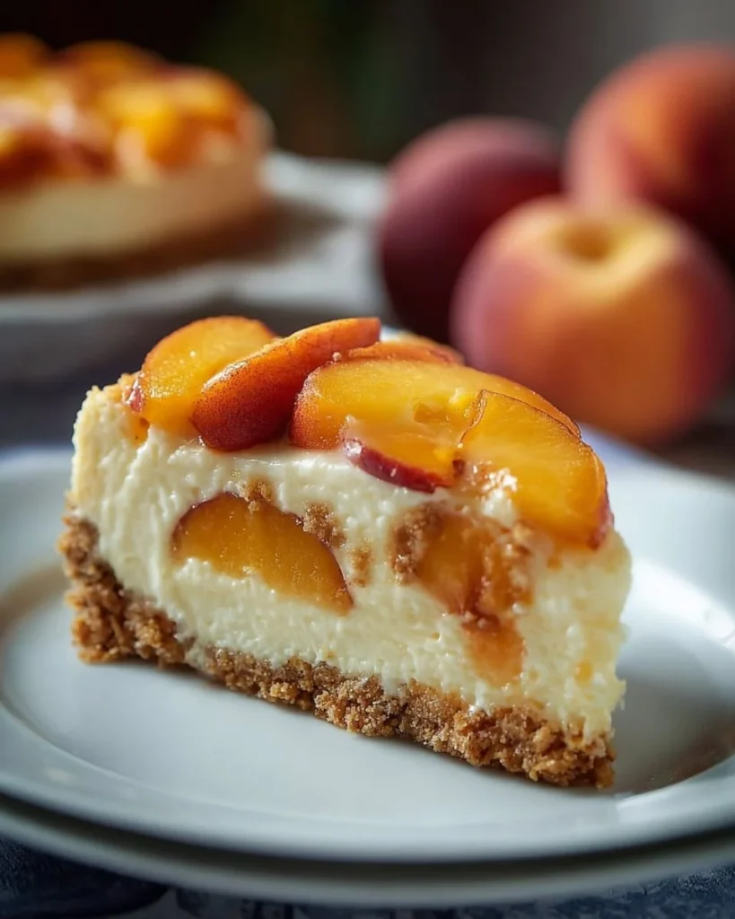 Delicious peach cobbler cheesecake topped with fresh peaches and crumble.