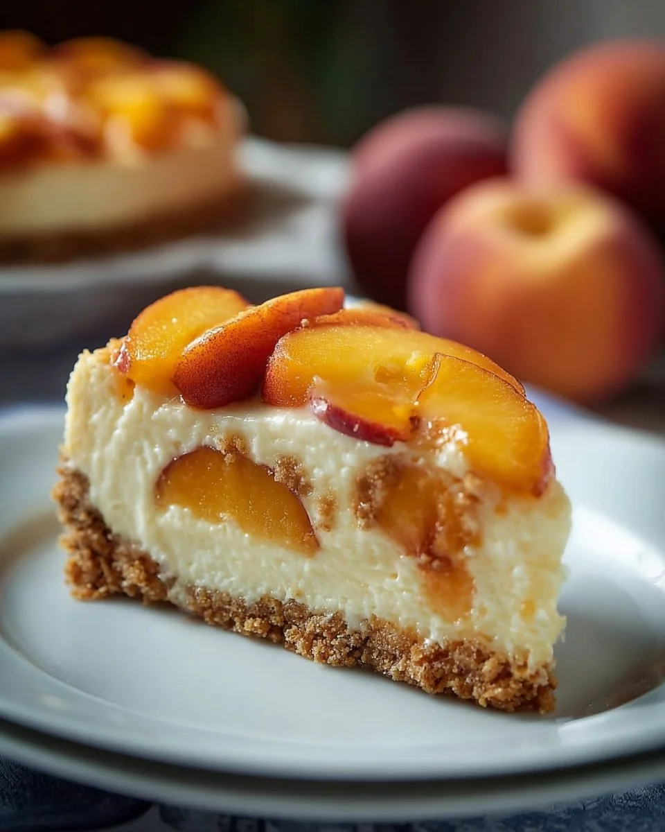 Delicious peach cobbler cheesecake topped with fresh peaches and crumble.