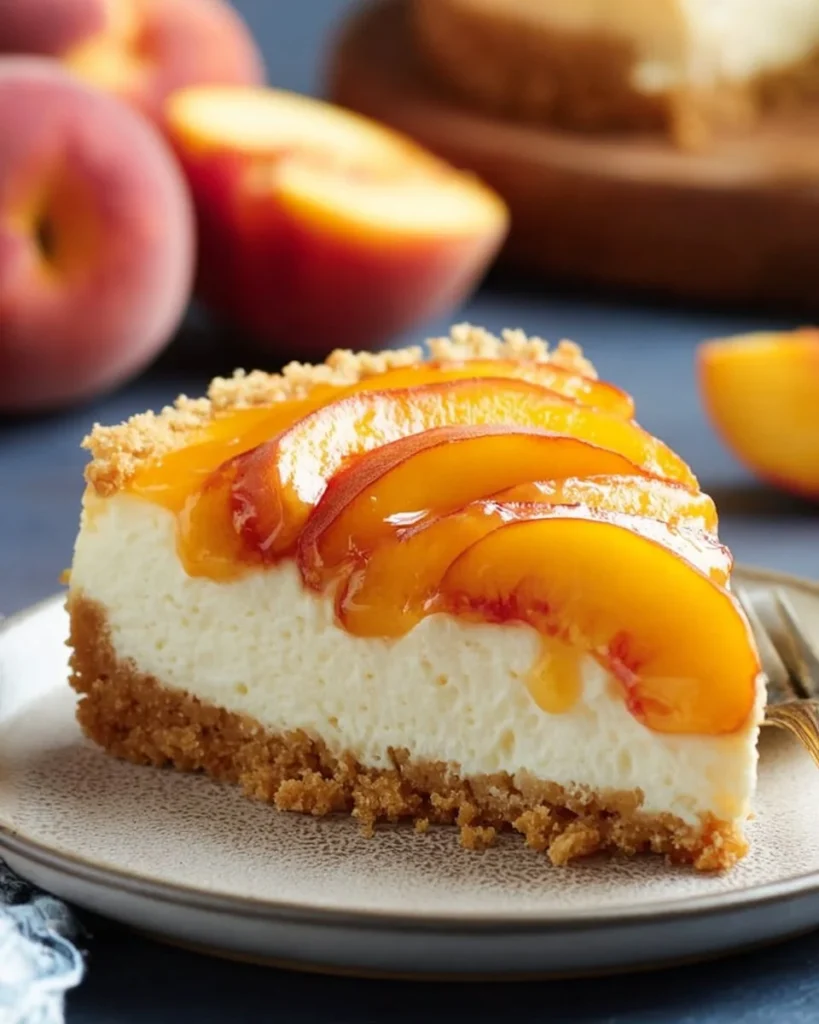 Delicious Peach Cobbler Cheesecake with fresh peaches and crumbly topping