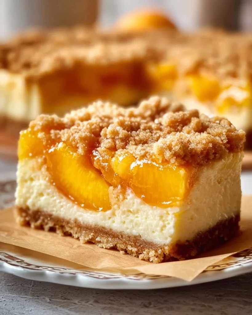 Delicious Peach Cobbler Cheesecake Bars on a plate, ready to serve.
