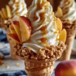Peach Cobbler Cheesecake Cones served in a crispy cone