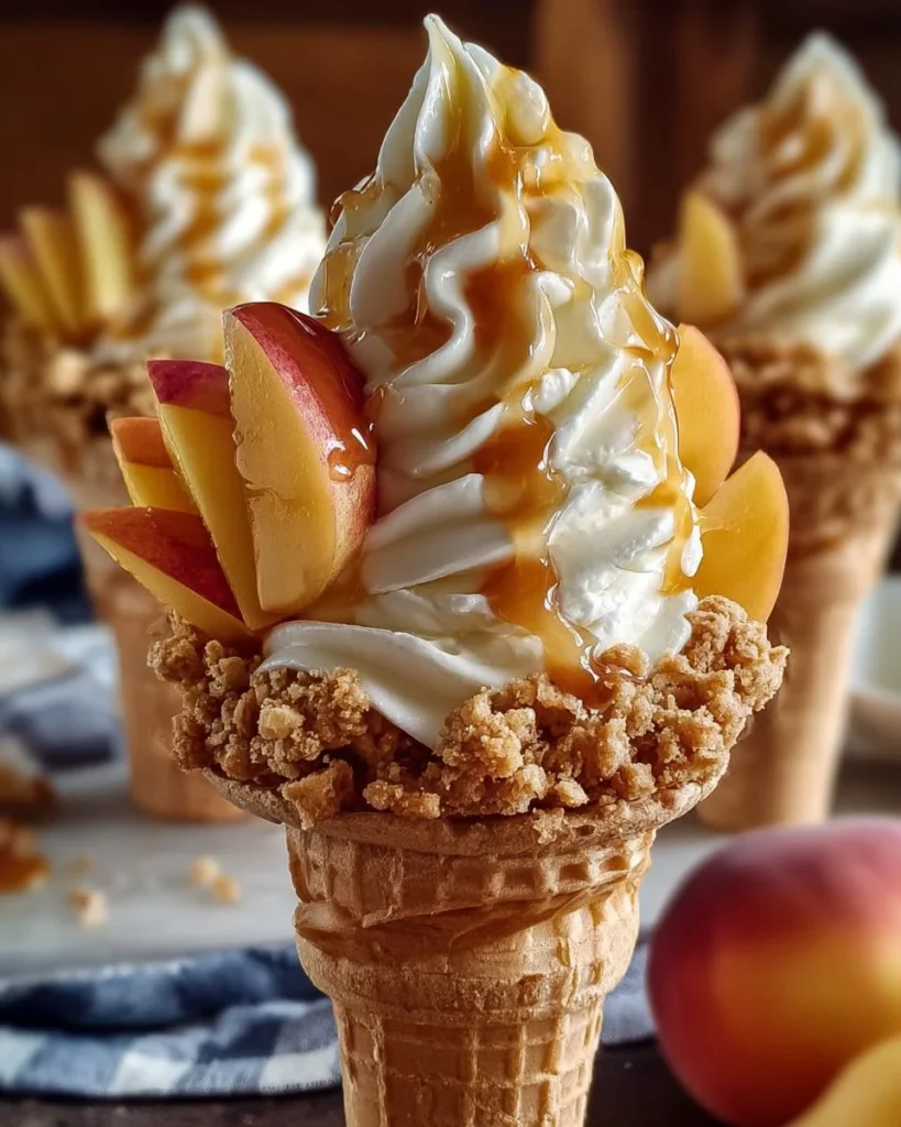 Peach Cobbler Cheesecake Cones served in a crispy cone