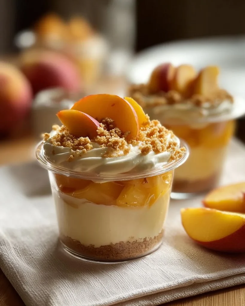 Peach Cobbler Cheesecake Cups topped with fresh peaches and crumble