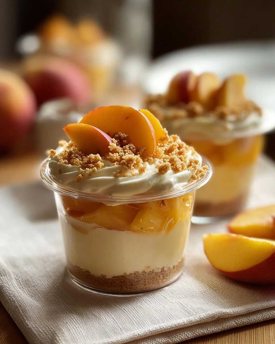 Peach Cobbler Cheesecake Cups topped with fresh peaches and crumble