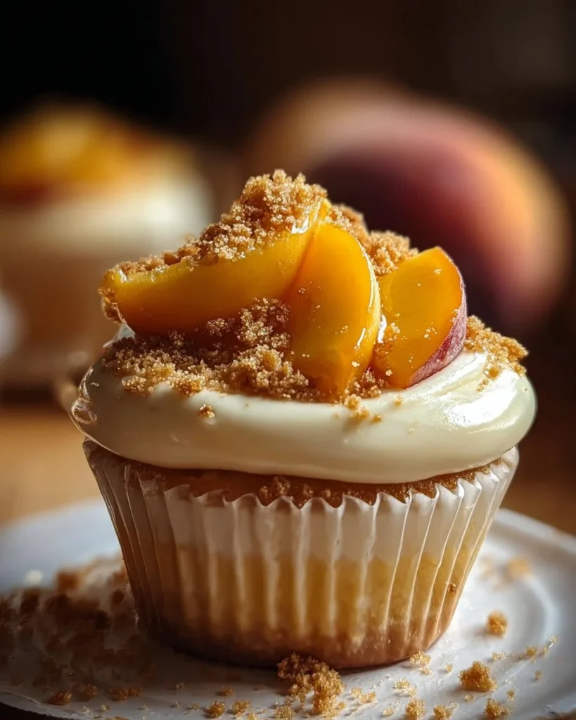 Decadent Peach Cobbler Cheesecake Cups topped with fresh peaches and cinnamon.