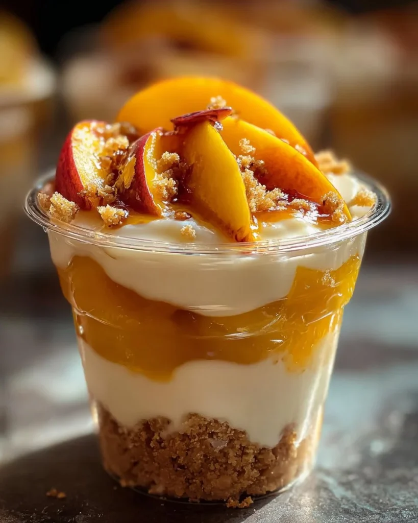Peach Cobbler Cheesecake Cups topped with fresh peaches and crumble