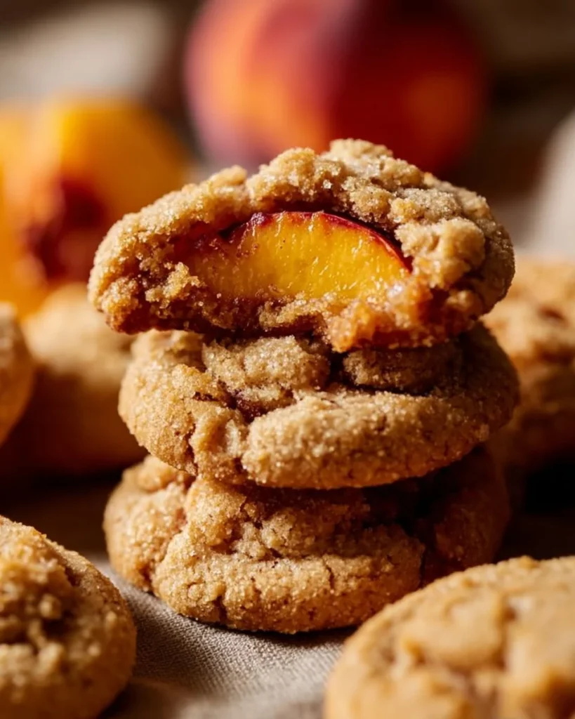 Delicious peach cobbler cookies fresh out of the oven, topped with a golden crumble.