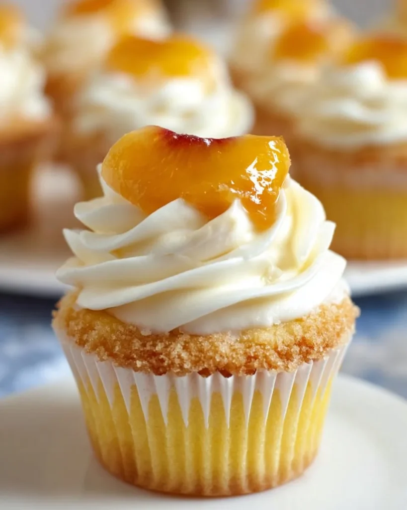 Peach Cobbler Cupcakes topped with delicious peach frosting