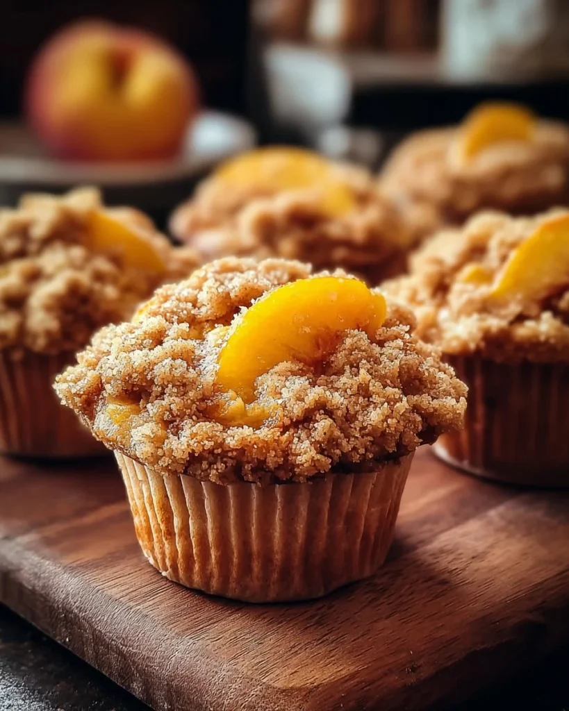 Freshly baked peach cobbler muffins topped with a crumbly streusel.