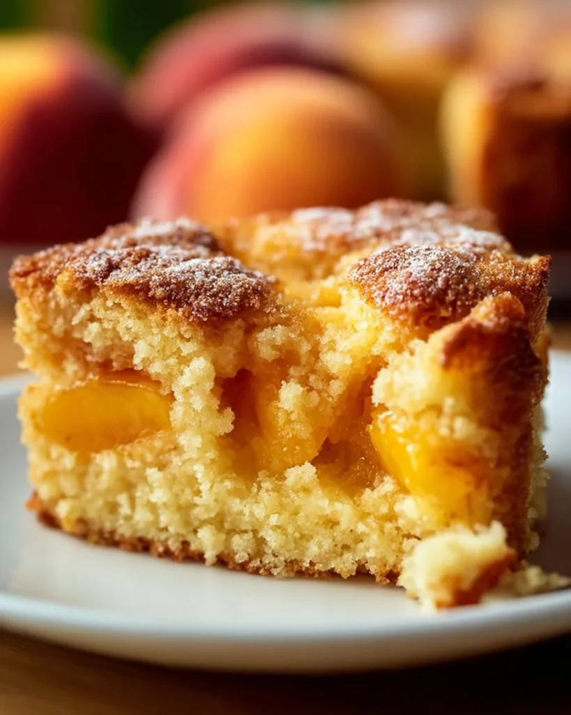Delicious Peach Cobbler Pound Cake with fresh peaches and a golden crust