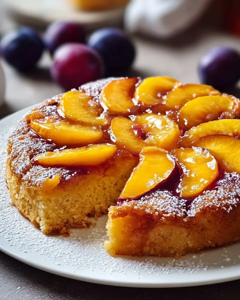 Peach Cobbler Upside Down Cake served on a rustic plate with fresh peaches