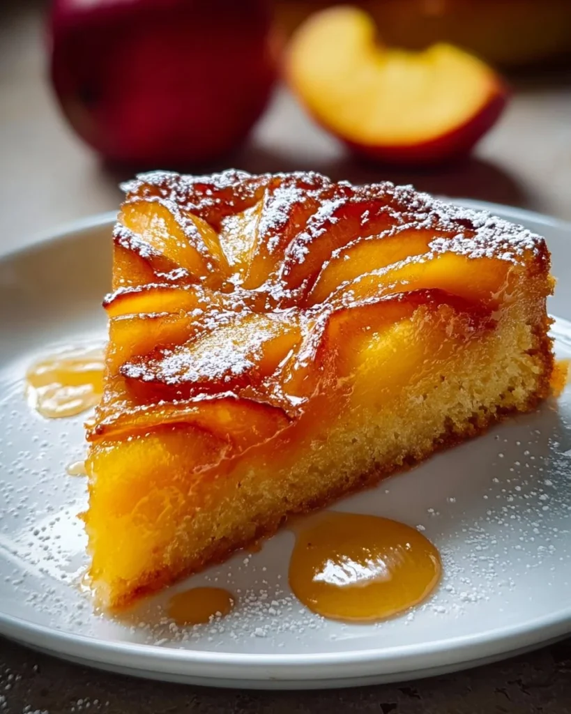 Peach Cobbler Upside Down Cake topped with fresh peaches and golden crust