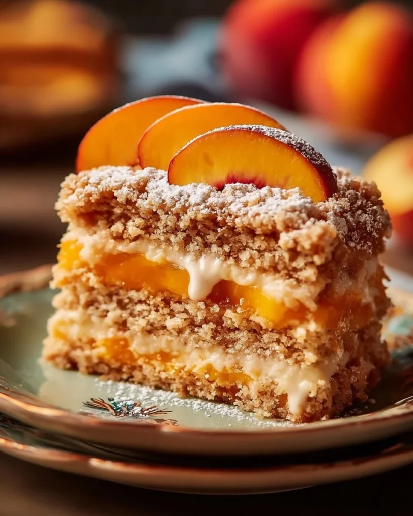 Delicious Peach Coffee Cake sliced and served with fresh peaches on top