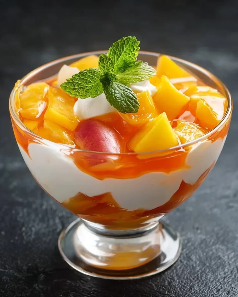 Refreshing peach cold dessert with jelly in a clear dish.