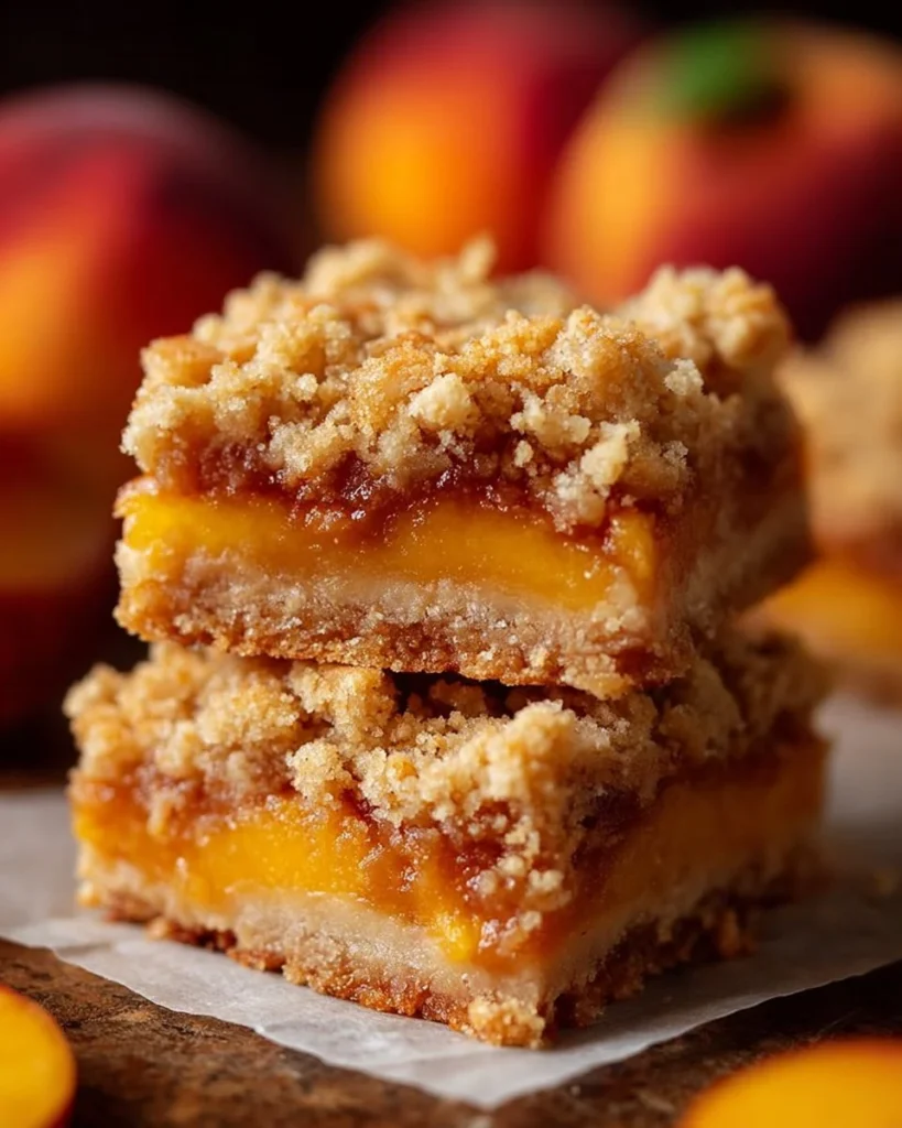 Delicious peach crumb bars with a golden topping and fresh peach filling