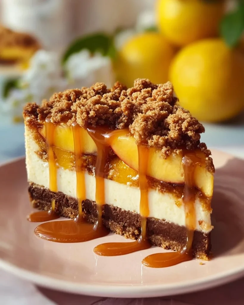 Delicious Peach Crumb Cheesecake with crumb topping and peach slices