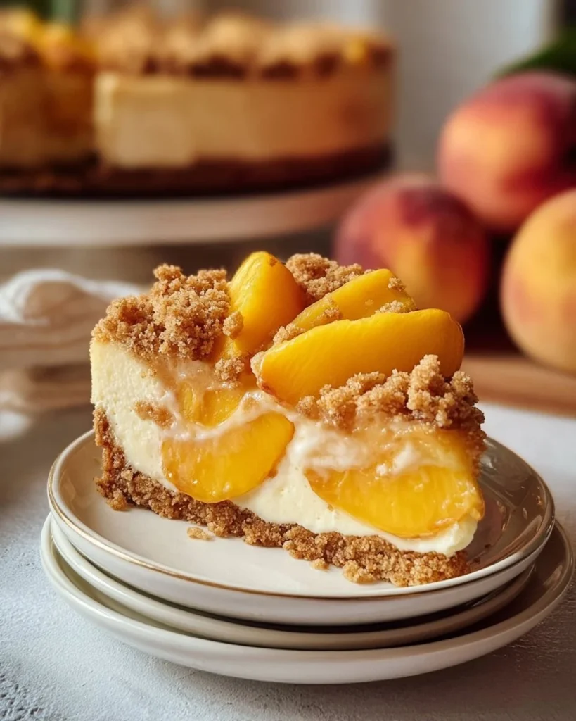 Delicious Peach Crumb Cheesecake topped with crumbly crust and fresh peach slices