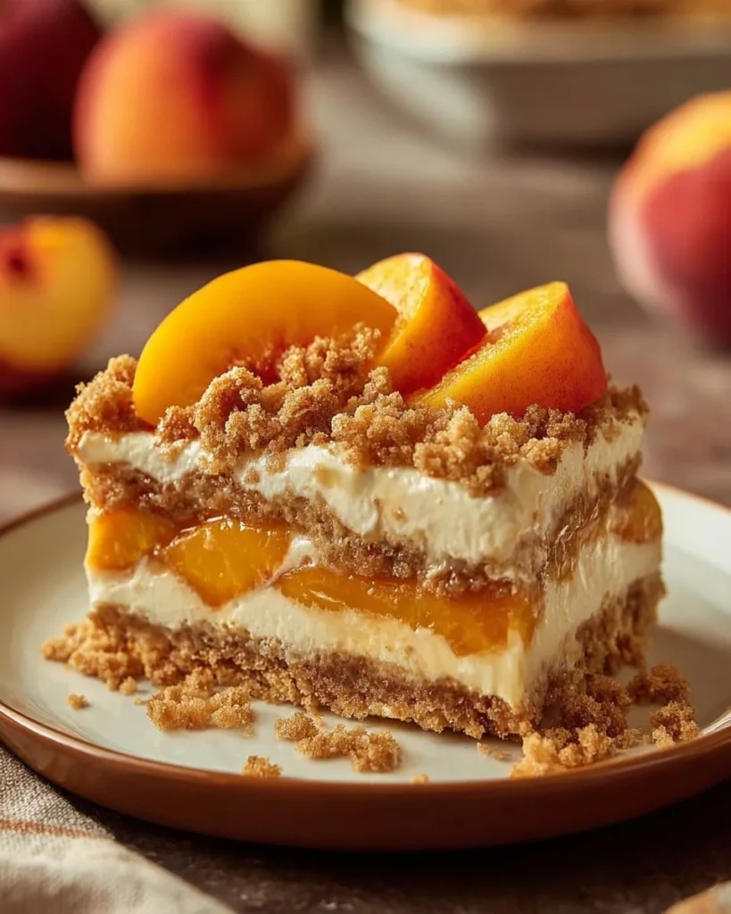 Delicious Peach Crumble Cheesecake topped with fresh peaches and crumble topping.