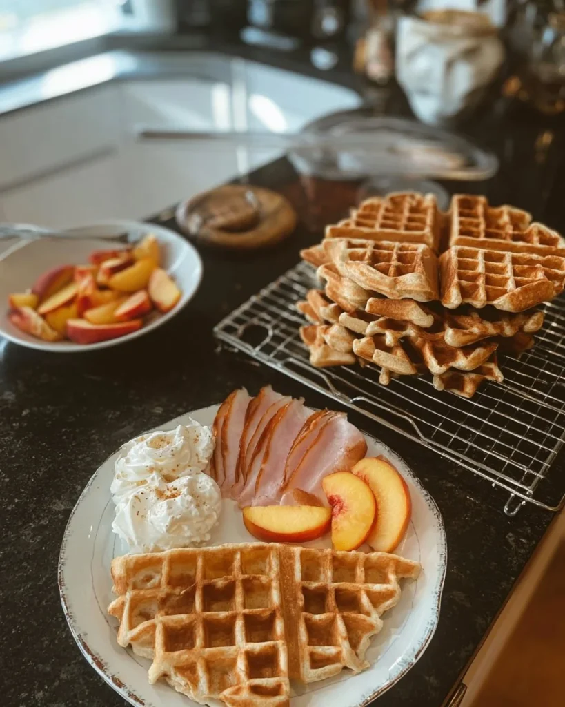Peach filled waffles topped with fresh peaches and syrup