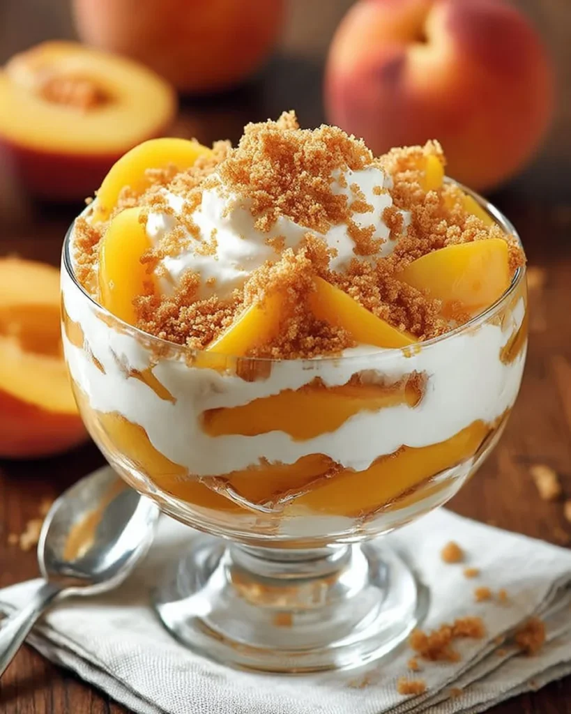 Delicious Peach Lemonade Dessert served in a glass with fresh peaches.