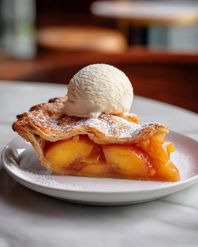 Delicious homemade peach pie with fresh peaches and golden crust