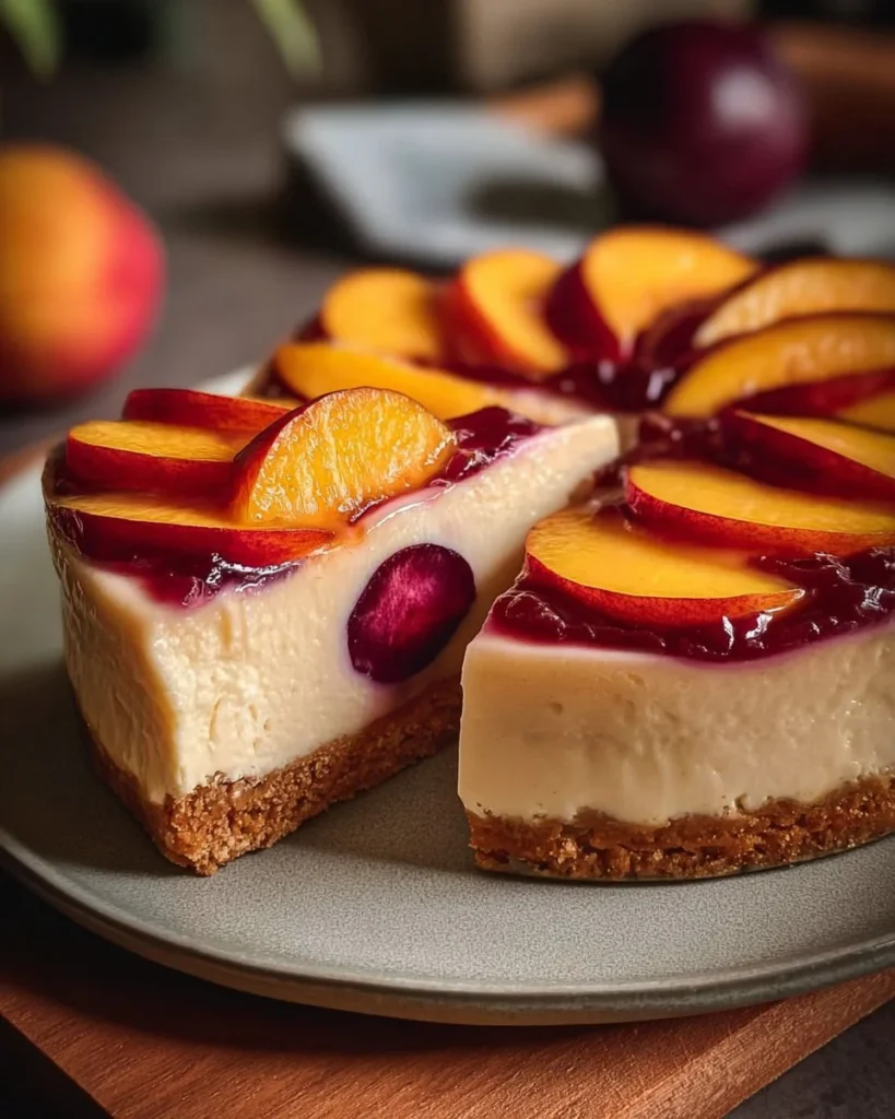 Slice of Peach Plum No-Bake Cheesecake with fresh fruit topping