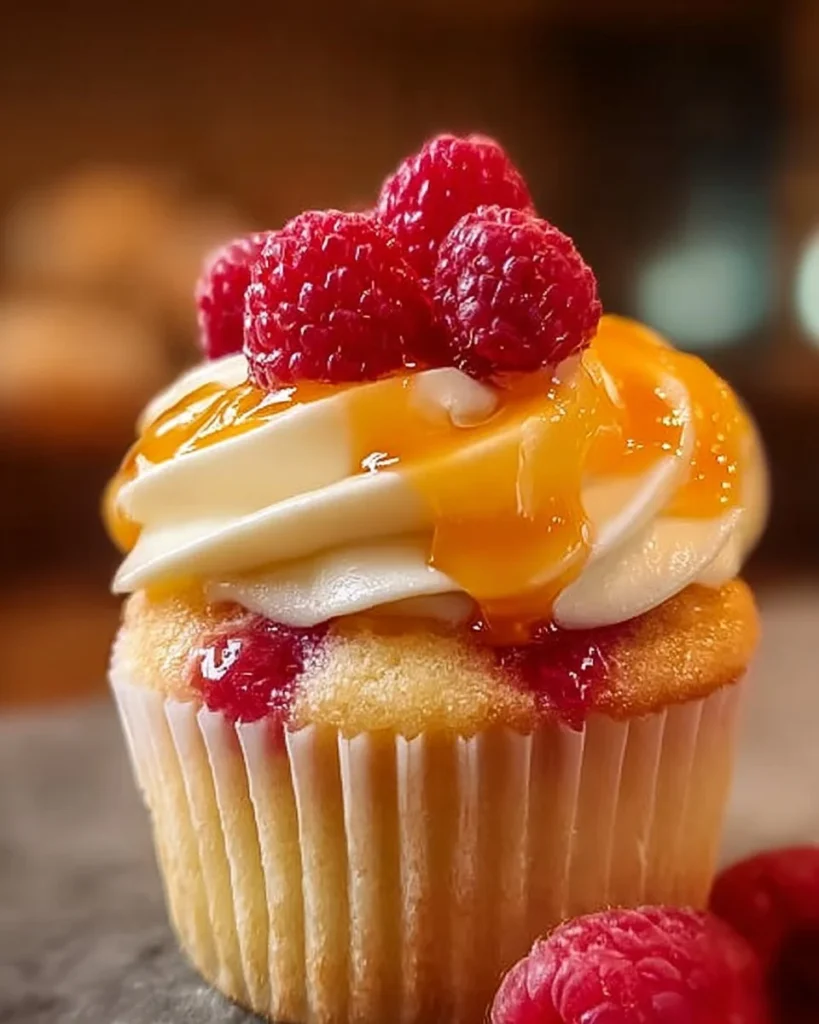 Delicious Peach Raspberry Cupcakes topped with frosting and fresh raspberries.
