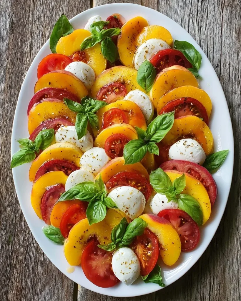 Delicious Peach Tomato Caprese Salad with fresh basil and mozzarella
