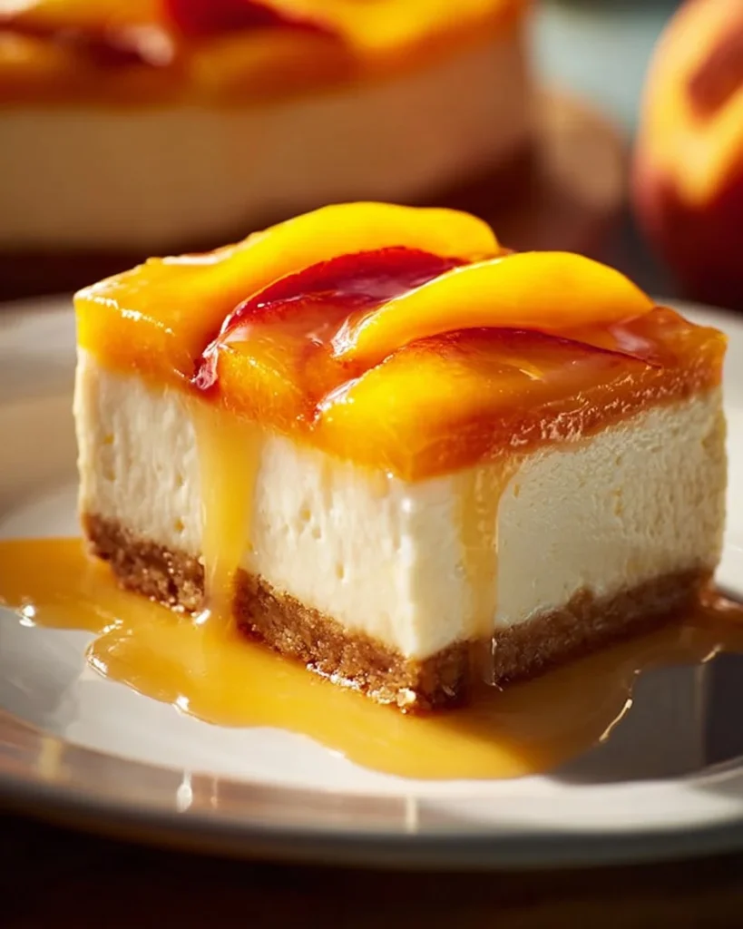 Peaches and Cream Cheesecake Bars with fresh peach slices