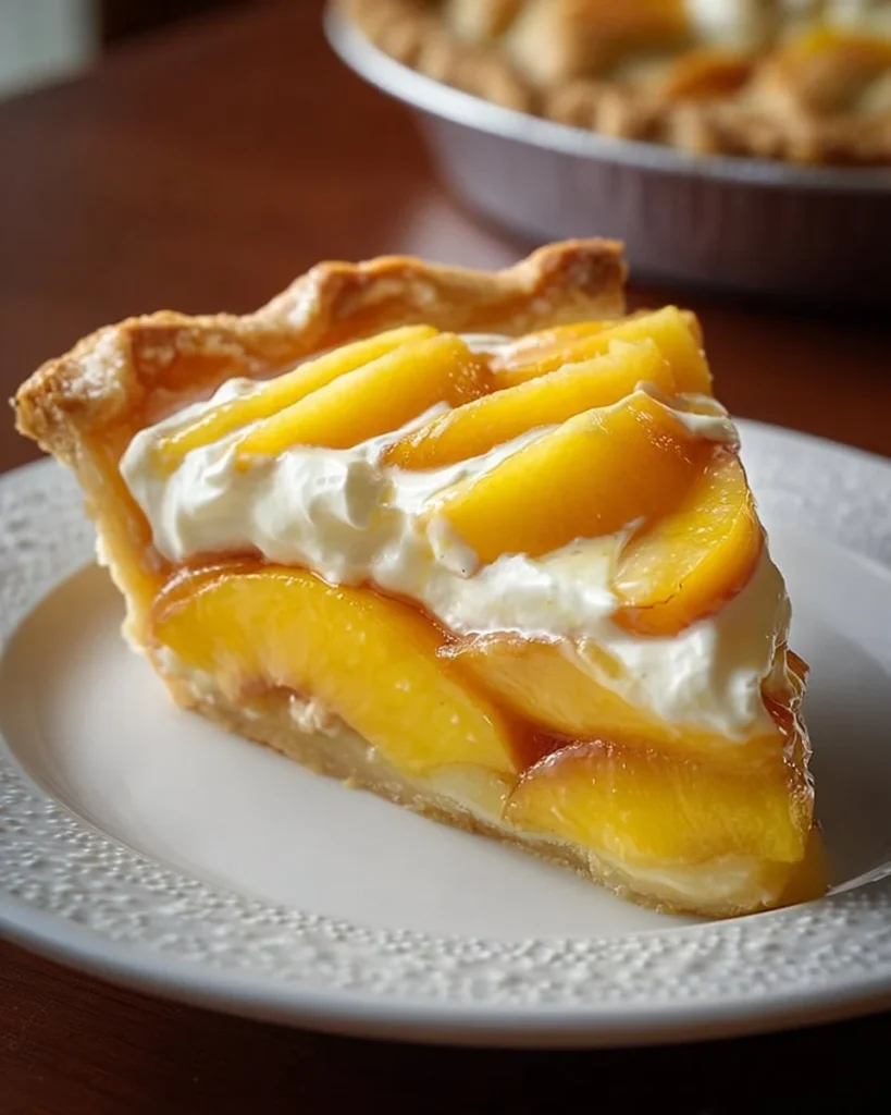 Delicious Peaches and Cream Pie with fresh fruit and creamy filling