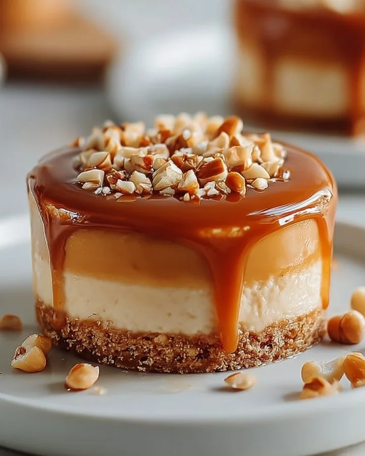 Delicious peanut butter caramel mini cheesecakes topped with caramel drizzle