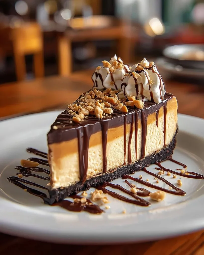Delicious homemade peanut butter cheesecake with chocolate drizzle and whipped cream.