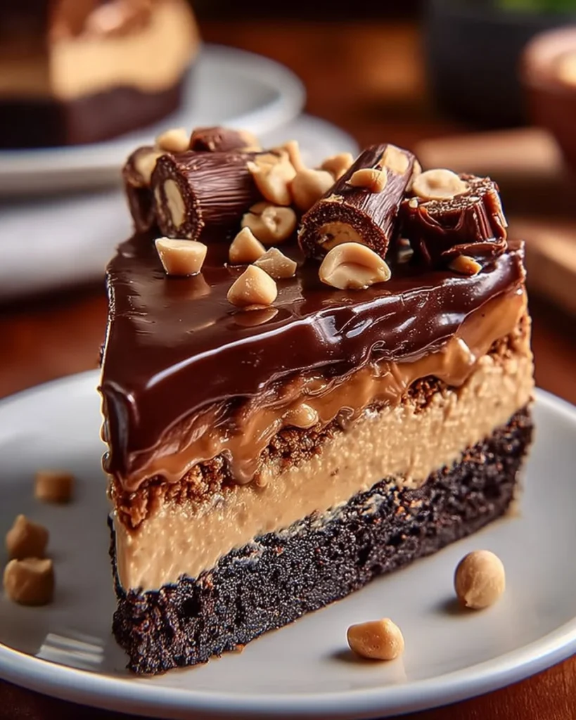 Delicious slice of creamy peanut butter cheesecake with chocolate drizzle