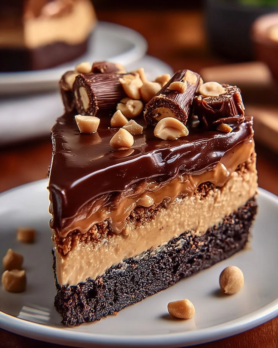 Delicious slice of creamy peanut butter cheesecake with chocolate drizzle