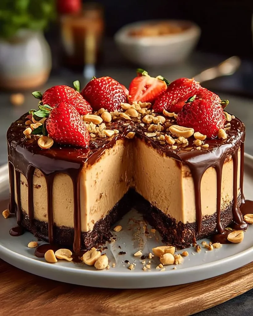 Decadent peanut butter cheesecake topped with chocolate drizzle and crushed peanuts.