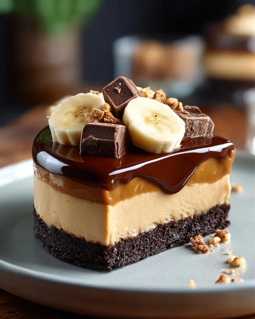 Peanut Butter Chocolate Banana Cheesecake slice on a plate