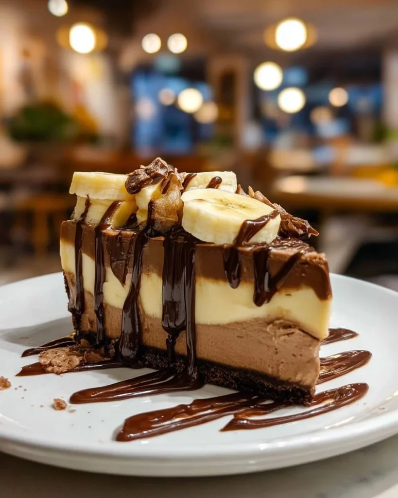 Delicious Peanut Butter Chocolate Banana Cheesecake topped with banana slices.