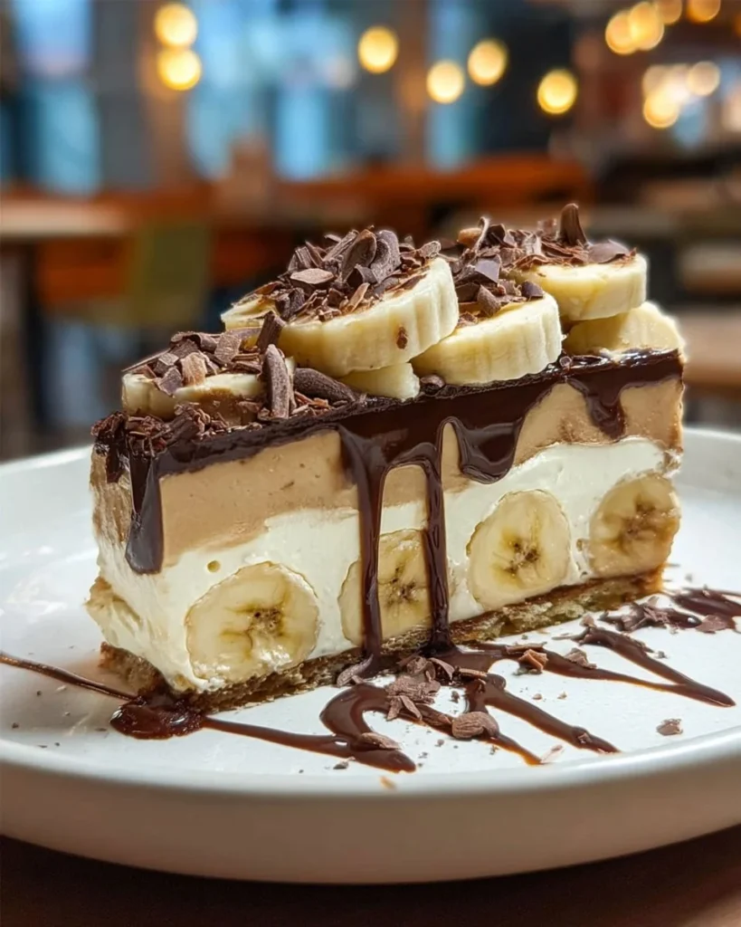 Peanut Butter Chocolate Banana Cheesecake slice with chocolate drizzle