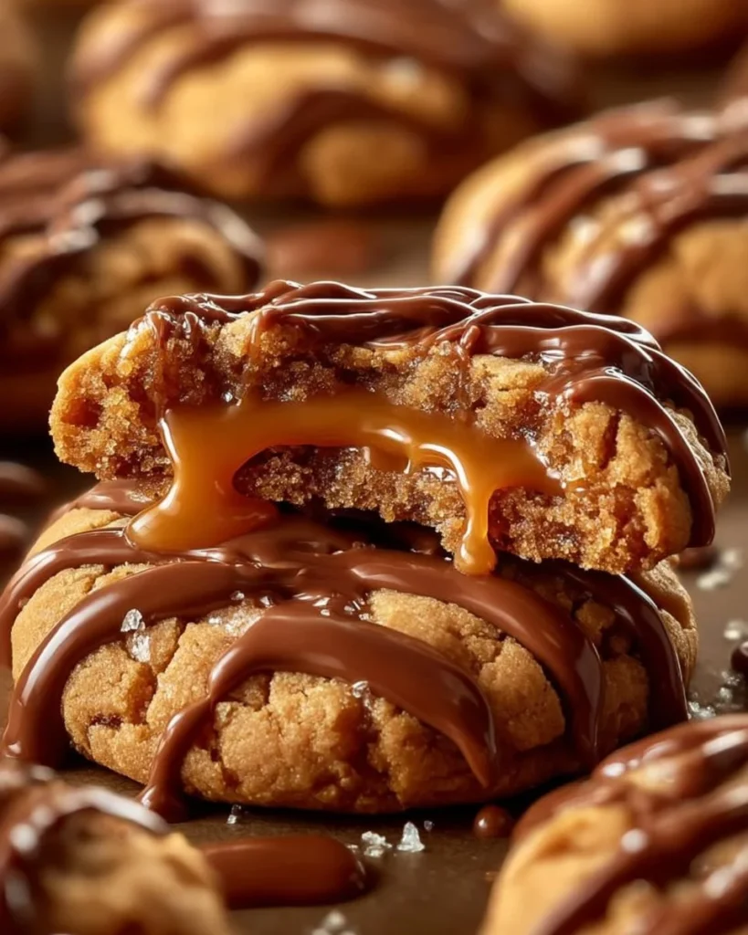 Peanut butter cookies with salted caramel drizzle on a plate
