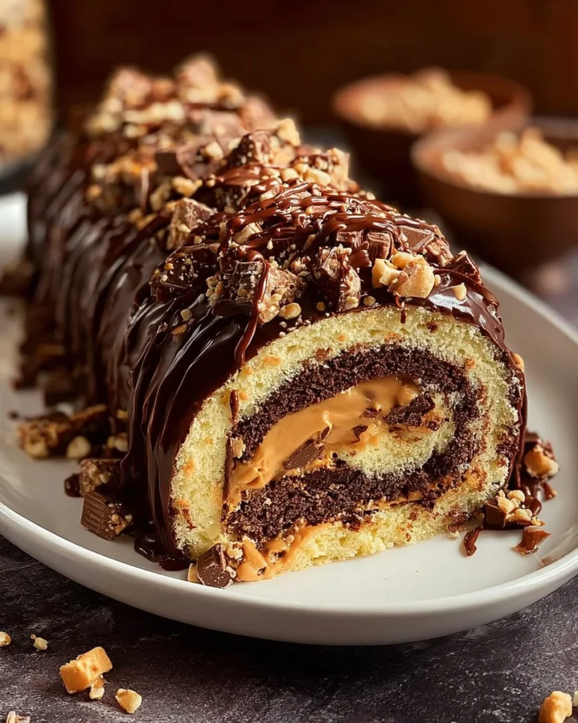 Delicious Peanut Butter Cup Cake Roll topped with chocolate and peanut butter icing