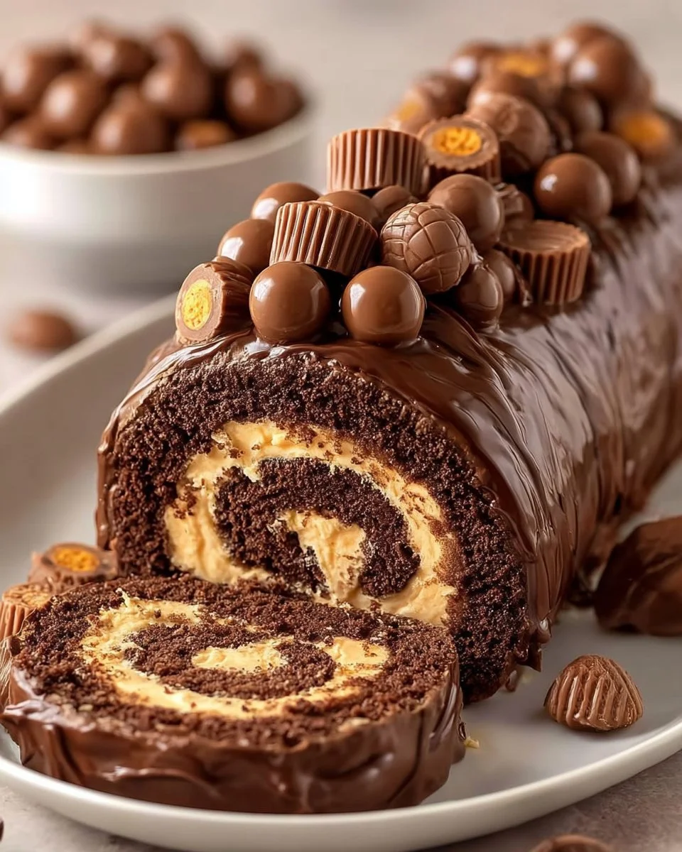 Delicious Peanut Butter Cup Cake Roll with chocolate and peanut butter filling