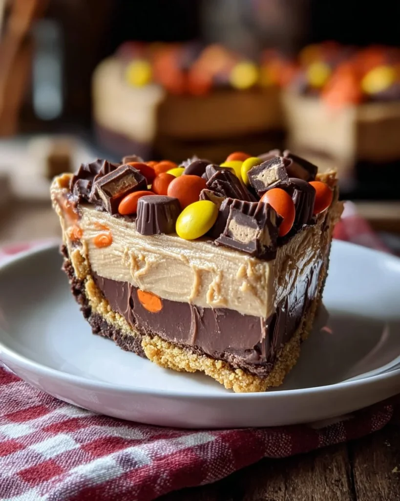 Delicious Peanut Butter Cup Pie topped with chocolate and peanut butter cups