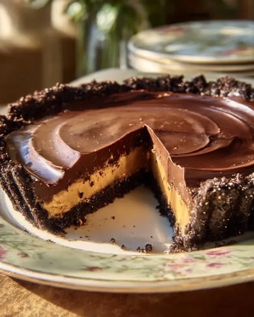 Sliced Peanut Butter Cup Pie topped with chocolate and peanut butter cups
