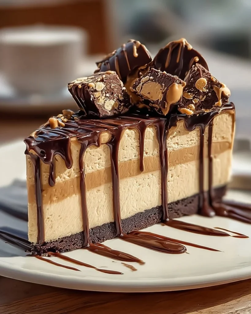 Slice of Peanut Butter Dream Cheesecake with Reese's chocolate toppings