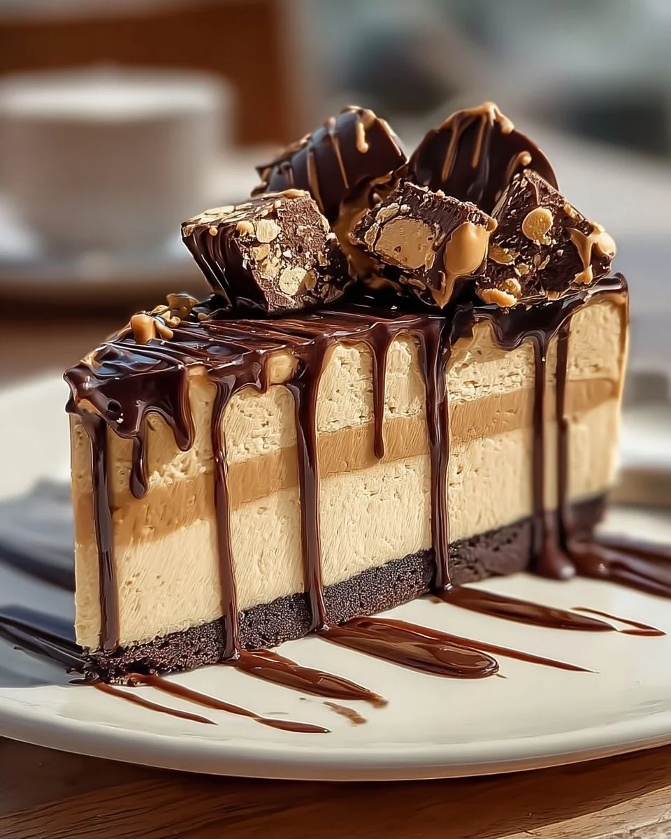 Slice of Peanut Butter Dream Cheesecake with Reese's chocolate toppings