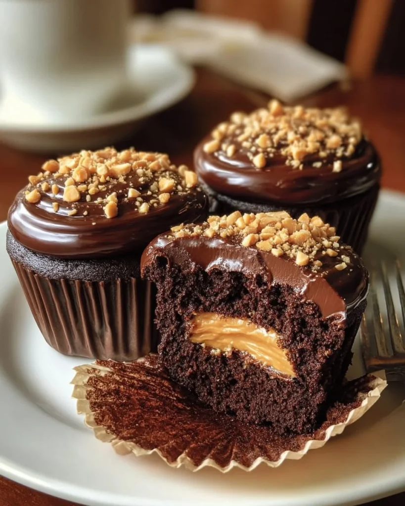 Peanut butter-filled chocolate cupcakes with frosting and a peanut on top