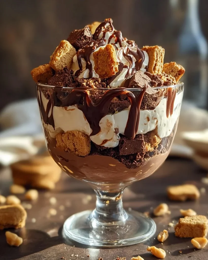 Peanut Butter Fudge Brownie Trifle dessert with layers of chocolate and peanut butter.