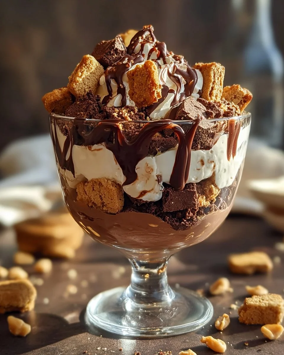 Peanut Butter Fudge Brownie Trifle dessert with layers of chocolate and peanut butter.