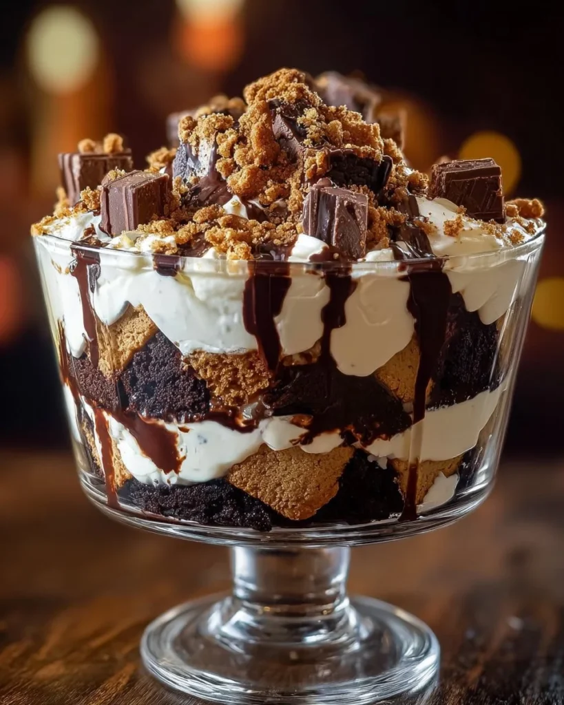 Delicious Peanut Butter Fudge Brownie Trifle dessert in a clear glass dish.