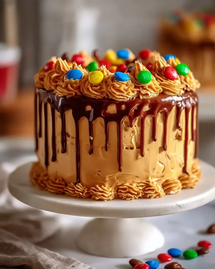 Delicious Peanut Butter M&M Cake topped with colorful M&Ms